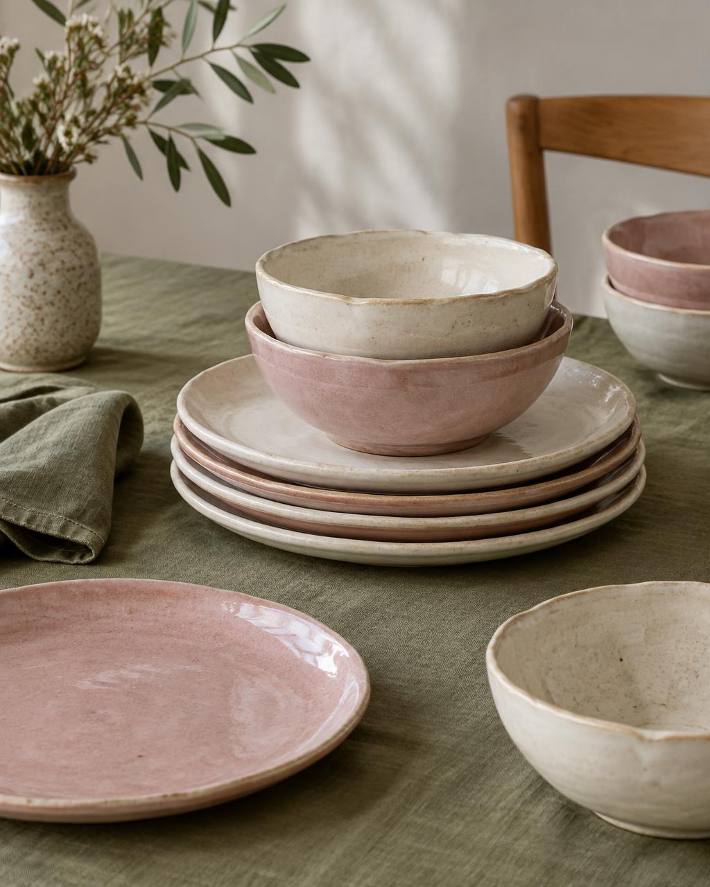 Pratos e taças de cerâmica em tons rosa e creme